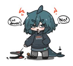 Rule 34 | 1girl, animal ears, arrow (symbol), bell, black footwear, black hairband, black hoodie, blue eyes, blue hair, blush, cat ears, chibi, closed mouth, commentary request, english text, fake animal ears, fins, fish tail, fuka-chan, full body, grey pantyhose, grey skirt, hairband, hand in pocket, highres, hood, hood down, hoodie, jingle bell, long sleeves, looking at viewer, original, pantyhose, shadow, shark tail, shoes, short eyebrows, simple background, skirt, sleeves past wrists, solo, standing, tail, thick eyebrows, throwing, tongue, tongue out, uni souchou, white background
