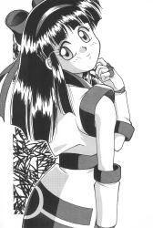 Rule 34 | 1girl, ainu clothes, artist request, ass, fingerless gloves, gloves, hair ribbon, highres, long hair, looking at viewer, looking back, monochrome, nakoruru, ribbon, samurai spirits, smile, snk, solo, the king of fighters