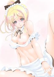Rule 34 | 10s, 1girl, apron, areola slip, ayase eli, bare shoulders, blonde hair, blue eyes, bra, bra slip, covering privates, covering crotch, detached collar, frapowa, hair ornament, love live!, love live! school idol project, maid, maid apron, maid headdress, navel, ponytail, solo, sparkle, strap slip, underwear, waist apron, wrist cuffs