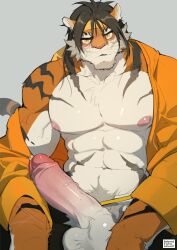 Rule 34 | 1boy, abs, absurdres, animal ears, arknights, artist logo, bara, commentary, dendryte axxon, erection, facial hair, furry, furry male, goatee, grey background, headband, highres, huai tianpei (arknights), looking at viewer, male focus, muscular, muscular male, nipples, pectorals, penis, precum, sitting, symbol-only commentary, tail, testicles, tiger boy, tiger ears, tiger stripes, tiger tail, whiskers, yellow eyes, yellow headband