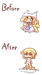 Rule 34 | 1girl, animal ears, before and after, blonde hair, blush, chibi, dress, female focus, fox ears, fox tail, hat, maitora, multiple tails, multiple views, nude, open mouth, tail, touhou, wet, yakumo ran, yellow eyes
