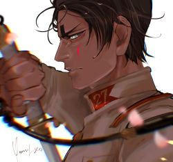 Rule 34 | 1boy, artist name, black eyes, black hair, blurry, blurry foreground, dark-skinned male, dark skin, golden kamuy, highres, holding, holding weapon, koito otonoshin, looking at viewer, male focus, military, military uniform, profile, short hair, simple background, solo, thick eyebrows, uniform, upper body, weapon, white background, yumi (soak1111)