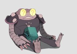 Rule 34 | adventure time, amphibia, bmo, frobo, full body, grey background, highres, hug, question mark in eye, robot, shadow, simple background, sitting, size difference, yum3yum1