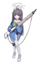 Rule 34 | 1girl, absurdres, ahoge, animal ears, belt, black gloves, black hair, blue archive, blue shirt, blue skirt, bolt action, deatheach, eyebrows, fake animal ears, full body, gloves, gun, halo, highres, knee pads, leaf, leaf on head, legs, long hair, miyu (blue archive), open mouth, pantyhose, pouch, rabbit ears, red eyes, rifle, school uniform, shirt, shoes, side slit, simple background, single knee pad, skirt, sneakers, solo, thighs, weapon, weapon request, white background, white footwear, white pantyhose