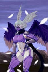 Rule 34 | 1girl, armor, breasts, curvy, digimon, digimon (creature), harpy, head wings, highres, large breasts, looking at viewer, mask, monster girl, mouth mask, navel, revealing clothes, scarf, short hair, shutumon, thong, wings