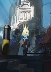 Rule 34 | 1boy, 2girls, 2others, animal ears, bag, black jacket, black pants, black pantyhose, black robe, blonde hair, blue eyes, blue hair, brown hair, brown headwear, building, closed mouth, commentary request, day, gloves, grey gloves, half gloves, halo, highres, hood, hood down, hooded robe, horns, jacket, long hair, mask, multicolored hair, multiple girls, multiple others, natori youkai, original, outdoors, pants, pantyhose, robe, solo focus, two-tone hair, very long hair