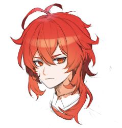 Rule 34 | 1boy, closed mouth, collared shirt, diluc (genshin impact), genshin impact, hair between eyes, head only, highres, looking at viewer, male focus, medium hair, messy hair, mmlyno, orange eyes, portrait, red hair, shirt, simple background, sketch, solo, white background