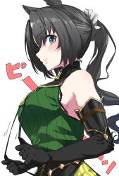 Rule 34 | 1girl, absurdres, animal ears, armpit crease, bare shoulders, black gloves, black hair, breasts, closed mouth, commentary request, dress, elbow gloves, from side, gloves, green dress, green eyes, highres, horse ears, horse girl, long hair, looking at viewer, medium breasts, nerukichikatafukuma, ponytail, ribbed dress, satono crown (umamusume), simple background, sleeveless, sleeveless dress, smile, solo, umamusume, upper body, white background