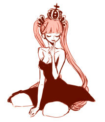 Rule 34 | 1girl, bad id, bad pixiv id, breasts, cleavage, closed eyes, crown, dress, finger to mouth, long hair, monochrome, one piece, perona, pink hair, simple background, sketch, twintails, uro (fjkl1040)