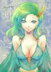 Rule 34 | 1girl, aged up, blue eyes, breasts, cape, closed mouth, earrings, final fantasy, final fantasy iv, green hair, hair ornament, jewelry, long hair, looking at viewer, rydia (ff4), sanagisatoru, smile, solo