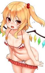 Rule 34 | 1girl, bandaid, bandaid on pussy, bikini, bikini pull, blonde hair, chiroshiron, clothes pull, commentary request, cowboy shot, crystal, flandre scarlet, flying sweatdrops, groin, hair between eyes, hair bobbles, hair ornament, highres, looking at viewer, navel, no headwear, one side up, open mouth, pointy ears, pulling own clothes, red bikini, red eyes, short hair, sidelocks, simple background, solo, standing, stomach, swimsuit, thighs, touhou, white background, wings