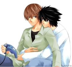 Rule 34 | 00s, 2boys, bags under eyes, death note, game console, gamecube, hug, hug from behind, l (death note), lowres, male focus, multiple boys, video game, yagami light, yaoi