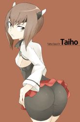 Rule 34 | 10s, 1girl, ass, bad id, bad twitter id, bike shorts, breasts, brown background, brown eyes, brown hair, character name, flat chest, from behind, headband, headgear, kantai collection, looking at viewer, miniskirt, personification, pleated skirt, shigino sohuzi, short hair, sideboob, skirt, solo, taihou (kancolle)