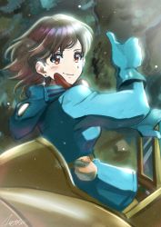 Rule 34 | 1girl, absurdres, bad id, bad pixiv id, blue coat, blue gloves, brown eyes, brown hair, closed mouth, coat, earrings, floating hair, gloves, highres, huge filesize, jewelry, kaze no tani no nausicaa, long hair, looking at viewer, nausicaa, smile, solo, sparkle, verse