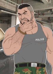 Rule 34 | 1boy, :q, bara, bare arms, bead bracelet, beads, beard, belt, bracelet, butlerstormaxe, camouflage, camouflage pants, covered navel, cowboy shot, dark-skinned male, dark skin, eyebrow cut, facial hair, grey tank top, hairy, jewelry, large pectorals, looking to the side, male focus, muscular, muscular male, mustache, old, old man, original, pants, pectoral cleavage, pectorals, photo background, police, police uniform, policeman, short hair, sideburns, sidepec, solo, tank top, thick eyebrows, tongue, tongue out, undercut, uniform, veins, veiny arms