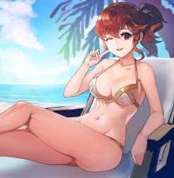 Rule 34 | 1girl, ;d, anna (fire emblem), bare arms, bare shoulders, beach, bikini, blue sky, breasts, brown bikini, chair, cleavage, cloud, collarbone, commentary request, day, deck chair, finger to cheek, fire emblem, fire emblem heroes, highres, horizon, knee up, kokouno oyazi, long hair, looking at viewer, lounge chair, medium breasts, navel, nintendo, ocean, one eye closed, open mouth, outdoors, palm tree, ponytail, red eyes, red hair, simple background, sky, smile, solo, stomach, sunglasses, swimsuit, thighs, tree, water