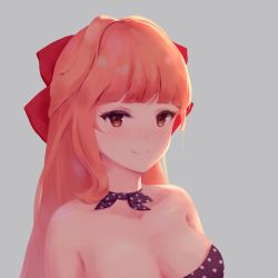 Rule 34 | 1girl, amanonozomi, arms at sides, bare shoulders, black ribbon, blunt bangs, blush, bow, breasts, brown eyes, cleavage, closed mouth, commentary request, eyelashes, grey background, hair bow, hair intakes, highres, large breasts, long hair, looking at viewer, neck ribbon, orange hair, original, polka dot, polka dot neckwear, polka dot ribbon, polka dot shirt, red bow, ribbon, shirt, sidelocks, simple background, sleeveless, sleeveless shirt, smile, solo, upper body