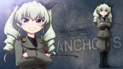 Rule 34 | 10s, 1girl, anchovy (girls und panzer), belt, black shirt, blouse, boots, character name, copyright name, crossed arms, dress shirt, drill hair, english text, girls und panzer, green hair, grey jacket, grey pants, grin, hair ribbon, highres, holding, jacket, knee boots, long hair, long sleeves, looking at viewer, military, military uniform, necktie, pants, pants tucked in, red eyes, ribbon, riding crop, shirt, smile, solo, standing, tsubasa (abchipika), twin drills, twintails, twitter username, uniform, wallpaper, zoom layer