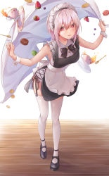 Rule 34 | 1girl, :p, absurdres, apron, black dress, blush, bow, bowtie, breasts, cookie, cross-laced clothes, cup, dress, falling, food, footwear bow, fork, frilled apron, frills, fruit, garter straps, grapes, hair between eyes, hands up, highres, holding, looking at viewer, macaron, maid, maid headdress, mary janes, medium breasts, old school swimsuit, one-piece swimsuit, original, pink hair, poe (528yuzunon), red eyes, school swimsuit, shoes, side slit, sleeveless, sleeveless dress, solo, standing, strawberry, swimsuit, swimsuit under clothes, tablecloth, tea, teacup, thighhighs, tongue, tongue out, white one-piece swimsuit, white thighhighs, wooden floor, wrist cuffs