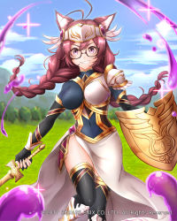 Rule 34 | 1girl, animal ears, antenna hair, armor, black-framed eyewear, black gloves, black thighhighs, blue sky, blurry, blurry background, braid, breasts, brown hair, cleavage, cloud, covered navel, elbow gloves, fingerless gloves, glasses, gloves, gold armor, grass, greaves, headpiece, highres, holding, holding sword, holding weapon, long hair, mappaninatta, official art, parted lips, pixelated, purple eyes, shield, sky, slime (creature), slime (substance), solo, standing, sword, thighhighs, twin braids, twintails, venus rumble, weapon