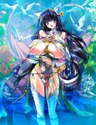 Rule 34 | 3girls, :d, angel wings, animal ears, bikini, bikini bottom only, bird, black hair, blue eyes, blue hair, blush, breasts, brooch, cat ears, cleavage, clothes lift, covered erect nipples, crescent, crescent moon, detached sleeves, dove, dress, dress lift, elbow gloves, fins, flower, fur, gloves, gradient hair, hair flower, hair ornament, hairband, hand on own chest, head fins, high cut, highleg, highleg panties, huge breasts, jewelry, lace, long hair, looking at viewer, mermaid, monster girl, moon, multicolored hair, multiple girls, nail polish, nude, open mouth, original, panties, pentacle, pink nails, q azieru, red flower, red rose, revealing clothes, rose, skirt, skirt lift, smile, solo focus, star (symbol), statue, swimsuit, tail, thighhighs, underboob, underwear, very long hair, wading, wand, water, white flower, white rose, wings