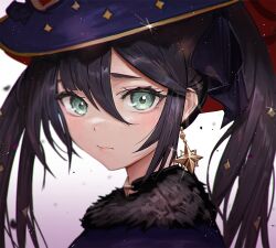 Rule 34 | 1girl, black choker, black hair, choker, closed mouth, earrings, eyelashes, fur trim, genshin impact, glint, gradient background, green eyes, hair between eyes, hair ribbon, hat, jewelry, light blush, light particles, long hair, looking at viewer, mona (genshin impact), moth1, pendant choker, pink background, portrait, purple hat, ribbon, sidelocks, solo, sparkle hair ornament, sparkle print, star (symbol), star earrings, twintails, white background