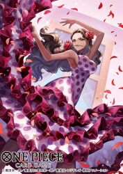 Rule 34 | 1girl, arm up, black hair, brown eyes, commentary request, copyright name, dress, earrings, flower, flower in mouth, frilled dress, frills, from below, highres, jewelry, koushi rokushiro, long dress, long hair, looking at viewer, official art, one piece, one piece card game, petals, red petals, rose, sleeveless, sleeveless dress, solo, viola (one piece)