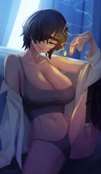 Rule 34 | 1girl, absurdres, black hair, breasts, chainsaw man, chinetsu15, cigarette, cleavage, unworn clothes, eyepatch, fingernails, green eyes, highres, himeno (chainsaw man), large breasts, looking at viewer, midriff, night, panties, short hair, smoke, smoking, solo, underwear, undressing