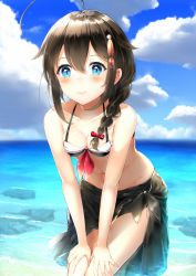 Rule 34 | 10s, 1girl, adapted costume, ahoge, bad id, bad pixiv id, beach, bikini, black bikini, black hair, blue eyes, blue sky, blush, bow, braid, breasts, cleavage, closed mouth, day, eyelashes, groin, hair bow, hair flaps, hair ornament, hair over shoulder, hands on own thighs, highres, kantai collection, leaning forward, long hair, looking at viewer, navel, ocean, outdoors, red bow, rock, sarong, shigure (kancolle), shigure kai ni (kancolle), shore, single braid, sky, small breasts, smile, solo, somalisu, standing, stomach, summer, swimsuit