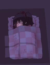 Rule 34 | 1girl, black hair, blush, bow, cellphone, chibi, covered mouth, frilled pillow, frills, hair between eyes, hair bow, hat, highres, himekaidou hatate, indoors, lying, mini hat, on floor, on side, phone, pillow, purple bow, purple hat, solo, tokin hat, totoharu (kujirai minato), touhou, twintails, under covers