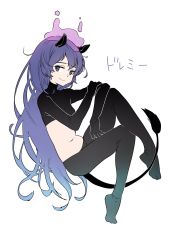 Rule 34 | 1girl, animal ears, black gloves, black pantyhose, black shirt, blob, blue eyes, blue hair, character name, commentary request, crop top, doremy sweet, full body, gloves, highres, long hair, looking at viewer, midriff, namauni, navel, no shoes, pantyhose, shirt, simple background, sitting, smile, solo, stomach, tail, tapir ears, tapir tail, touhou, translated, very long hair, white background