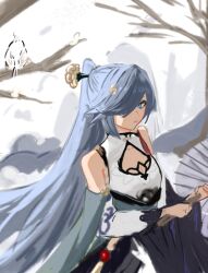 Rule 34 | 1girl, aqua cape, bare shoulders, bird, bird hair ornament, blue eyes, blue hair, branch, cape, china dress, chinese clothes, cleavage cutout, closed mouth, clothing cutout, dress, earrings, fu hua, fu hua (azure empyrea), grey hair, hair ornament, hair over one eye, hairpin, hanfu, high ponytail, highres, holding, holding umbrella, honkai (series), honkai impact 3rd, jewelry, looking at viewer, oil-paper umbrella, paintbrush, paintbrush hair ornament, pleated sleeves, ponytail, sho 2nini, shoulder cutout, single earring, solo, tassel, tassel earrings, umbrella, white background, white dress, wide sleeves, yin yang