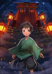 Rule 34 | 1boy, :o, bad id, bad pixiv id, black hair, brown eyes, brown hair, forest, japanese clothes, kato ayaka, kimono, lamp, lantern, male focus, moss, multiple torii, nature, open mouth, original, petals, short hair, shrine, solo, stairs, torii, tree