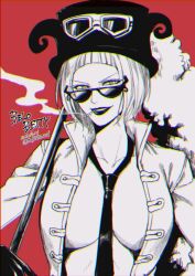 Rule 34 | 1girl, 2019, belo betty, blunt bangs, bob cut, breasts, character name, collared jacket, commentary request, dated, goggles, goggles on headwear, greyscale with colored background, hat, hat feather, jacket, large breasts, lipstick, looking at viewer, makeup, nakumonaga uma, one piece, open clothes, open jacket, red background, short hair, smile, smoke, solo, sunglasses, twitter username, upper body