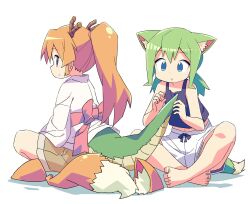 Rule 34 | 2girls, :o, animal ears, barefoot, blonde hair, blue eyes, cat ears, cat tail, dragon girl, dragon horns, dragon tail, fake animal ears, fake animal ears removed, fake tail, feet, green hair, highres, horns, japanese clothes, low twintails, multiple girls, original, purple eyes, roku no hito, sash, shorts, simple background, sitting, smile, tail, tank top, toes, twintails, white background, white shorts