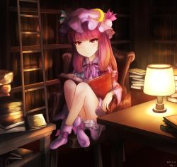 Rule 34 | 1girl, book, book stack, bookshelf, boots, chair, crescent, crescent pin, dated, frown, fujiwara rein, hair ribbon, hat, highres, ladder, lamp, mob cap, open book, patchouli knowledge, purple eyes, purple hair, reading, ribbon, signature, sitting, solo, table, touhou