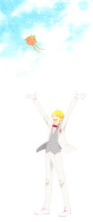 Rule 34 | 10s, 1boy, alternate costume, arms up, blonde hair, blush, bouquet, closed eyes, cloud, flower, gloves, gradient background, highres, idolmaster, idolmaster side-m, maita rui, male focus, outdoors, sky, smile, solo, takeco, throwing, tuxedo, waistcoat, white background, white gloves