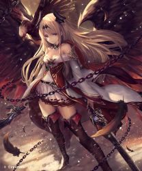 Rule 34 | 10s, 1girl, bare shoulders, bird, black gloves, black thighhighs, black wings, blonde hair, boots, chain, collar, commentary request, dark angel olivia, detached collar, dual wielding, eagle, feathers, floating hair, gloves, high heel boots, high heels, highres, holding, holding sword, holding weapon, horns, long hair, looking at viewer, pleated skirt, shingeki no bahamut, skirt, solo, standing, sword, tachikawa mushimaro, thigh boots, thighhighs, very long hair, weapon, white skirt, wings, zettai ryouiki