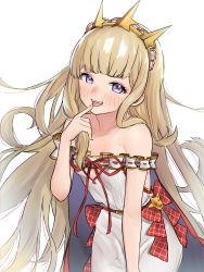 Rule 34 | 1girl, absurdres, bare shoulders, blonde hair, blush, breasts, cagliostro (granblue fantasy), collarbone, dress, finger to own chin, granblue fantasy, highres, long hair, looking at viewer, nezuko, off-shoulder dress, off shoulder, open mouth, purple eyes, simple background, small breasts, smile, tiara, very long hair, white dress