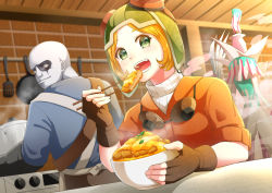 Rule 34 | 1girl, 2boys, apron, bald, bowl, brown gloves, claw (weapon), cooking, domino mask, eating, fingerless gloves, food, gloves, goggles, goggles on head, green eyes, hat, identity v, indoors, jack (identity v), katsudon (food), leo beck, light brown hair, looking back, mask, multiple boys, open mouth, oven, ribbed sweater, short hair, short sleeves, sitting, standing, steam, sweater, teo (teorekka), tracy reznik, weapon