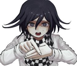 Rule 34 | 1boy, black eyes, black hair, checkered clothes, checkered scarf, danganronpa (series), danganronpa v3: killing harmony, hair between eyes, jacket, long sleeves, looking at viewer, magic trick, male focus, open mouth, oma kokichi, own hands together, renshu usodayo, scarf, short hair, simple background, solo, straitjacket, sweat, teeth, upper body, white background, white jacket