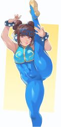 Rule 34 | 1girl, absurdres, arm up, blue-framed eyewear, blue footwear, blunt bangs, bodysuit, breasts, brown eyes, brown hair, capcom, chun-li, chun-li (cosplay), closed mouth, cosplay, covered erect nipples, double bun, female focus, foot out of frame, glasses on head, gluteal fold, greenmarine, hair bun, hair ribbon, highres, leg up, li-fen, looking at viewer, nail polish, ribbon, shoe soles, shoes, sleeveless, small breasts, smile, sneakers, split, standing, standing on one leg, standing split, street fighter, street fighter 6, studded bracelet, thick thighs, thighs, yellow nails, yellow ribbon