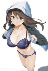 Rule 34 | 10s, 1girl, blue bra, blue hat, blue panties, blush, bra, breasts, brown eyes, brown hair, cleavage, collarbone, girls und panzer, hair between eyes, hat, highres, jacket, lace, lace-trimmed bra, lace-trimmed panties, lace trim, large breasts, lips, long hair, long sleeves, looking at viewer, mika (girls und panzer), muteki soda, no pants, open clothes, open jacket, panties, simple background, smile, solo, track jacket, underwear, white background