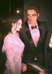 Rule 34 | 1boy, 1girl, black bow, black hair, black jacket, black pants, black suit, bow, breasts, brown hair, choker, collared shirt, cowboy shot, dress, earrings, eren yeager, facial scar, flower choker, formal, glasses, hair pulled back, holding hands, husband and wife, indoors, jacket, jewelry, lacampanule, lace sleeves, looking at another, medium breasts, medium hair, mikasa ackerman, pants, parted bangs, red lips, scar, scar on cheek, scar on face, shingeki no kyojin, shirt, suit, suit jacket, tuxedo, twitter username, wedding, wedding dress, white choker, white dress, white shirt