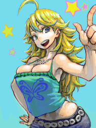 Rule 34 | 00s, 1girl, ahoge, armpits, blonde hair, blue background, breasts, bursting breasts, cleavage, hand on own hip, hoshii miki, idolmaster, idolmaster (classic), idolmaster 1, jewelry, jonpei, midriff, navel, necklace, pointing, pointing up, solo, star (symbol)