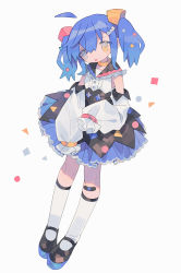 Rule 34 | 1girl, absurdres, ahoge, bandaid, bandaid on knee, bandaid on leg, black footwear, black sailor collar, black skirt, blue hair, blue skirt, buttons, collar, colored shoe soles, cube hair ornament, daizu (melon-lemon), detached ahoge, detached sleeves, frilled sailor collar, frilled shirt collar, frills, full body, grey eyes, hair between eyes, hair ornament, hairclip, heterochromia, high-waist skirt, highres, kneehighs, layered skirt, long sleeves, looking at viewer, mary janes, medium hair, no nose, original, pigeon-toed, sailor collar, sailor shirt, shirt, shoes, sidelocks, simple background, skirt, sleeveless, sleeveless shirt, sleeves past fingers, sleeves past wrists, socks, solo, standing, tied sleeves, tongue, tongue out, twintails, two-tone skirt, white background, white shirt, white sleeves, white socks, yellow collar, yellow eyes