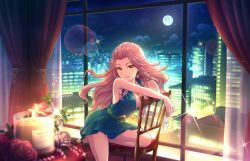 Rule 34 | 1girl, belt, breasts, candle, chair, cityscape, cleavage, cloud, dress, earrings, flower, forehead, game cg, green dress, hamakawa ayuna, idolmaster, idolmaster cinderella girls, idolmaster cinderella girls starlight stage, jewelry, large breasts, moon, official art, pink hair, rose, solo, teeth, window, yellow eyes
