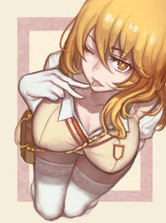 Rule 34 | + +, 1girl, bag, blonde hair, breasts, chain, cleavage, elbow gloves, evan yang, finger to mouth, from above, gloves, handbag, large breasts, long hair, looking at viewer, naughty face, one eye closed, school uniform, shokuhou misaki, short sleeves, solo, spider web print, sweater vest, symbol-shaped pupils, taut clothes, thighhighs, toaru kagaku no railgun, toaru majutsu no index, tongue, tongue out, v-neck, white gloves, white thighhighs, wink, yellow eyes