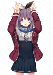 Rule 34 | 1girl, :o, arms up, blue eyes, brown hair, female focus, hairband, hijiribashi kirika, itsui (dihydrogenmonoxid), jacket, looking at viewer, minase yuu, necktie, off shoulder, open clothes, open jacket, open m/, open mouth, pleated skirt, rabbit pose, seitokai tantei kirika, short hair, skirt, solo, source request