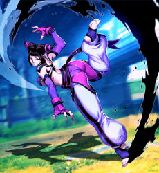 Rule 34 | 1girl, arm up, ass, back, baggy pants, black hair, blunt bangs, blurry, blurry background, bracelet, breasts, day, detached sleeves, fingerless gloves, fingernails, foot up, full body, genzoman, gloves, halterneck, han juri, highres, jewelry, looking at viewer, nail polish, outdoors, outstretched arm, outstretched leg, panties, pants, red eyes, see-through, sideboob, soles, solo, spiked bracelet, spiked hair, spikes, spread fingers, street fighter, street fighter iv (series), toeless legwear, toes, underwear
